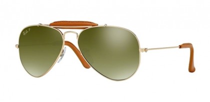 Ray-Ban 0RB3422Q AVIATOR CRAFT 001/M9 Arista Light Brown Leather - Crystal Polarized Green Silver Mirror Gradient